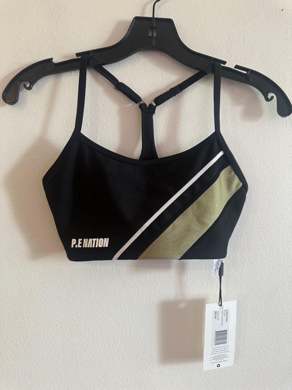 P.E Nation Black Sports Bra with Olive and White Stripe